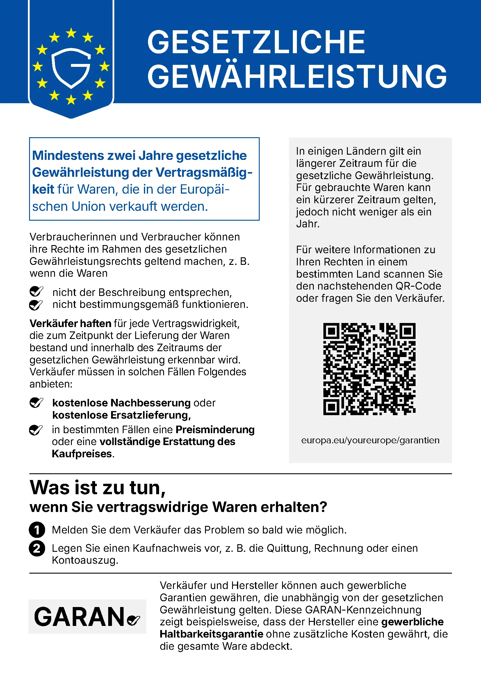 Hinweise zur gesetzlichen Gewährleistung