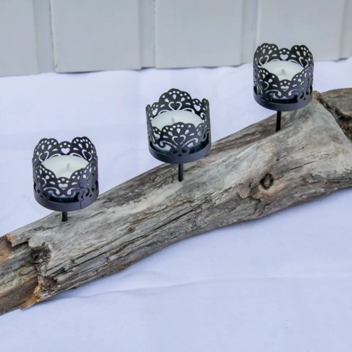 Skandinavisches Treibholz-Deko-Objekt für drei Teelichter, minimalistisches Design, Upcycling-Holz. Teelichthalter Treibholz nachhaltig & handgefertigt
