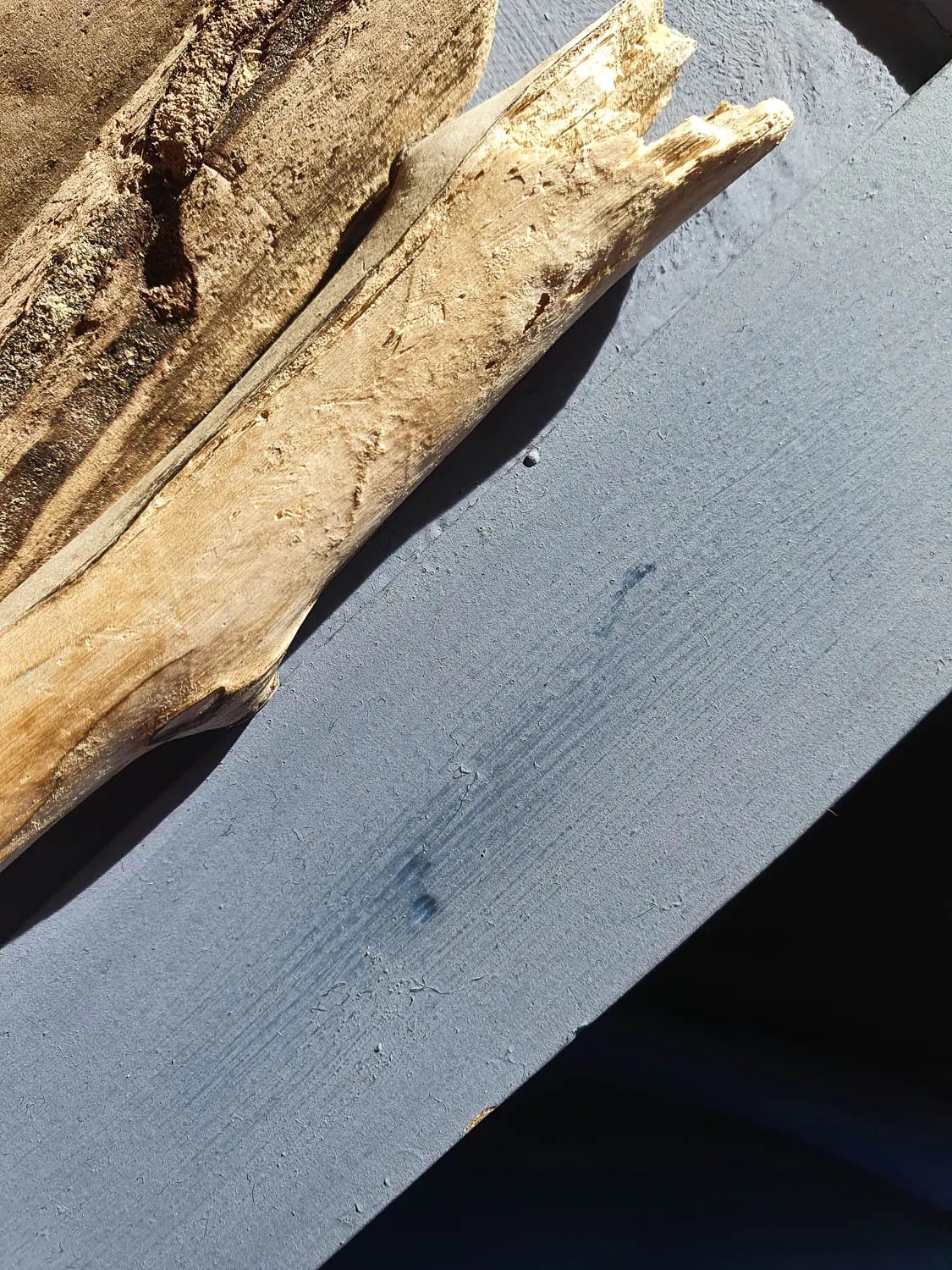 Treibholzbild aus skandinavischen Holz. Die Grundplatte wurde mit Farbe versehen und das Schwemmholz darauf aufgebracht. Nachhaltig und handgefertigt.